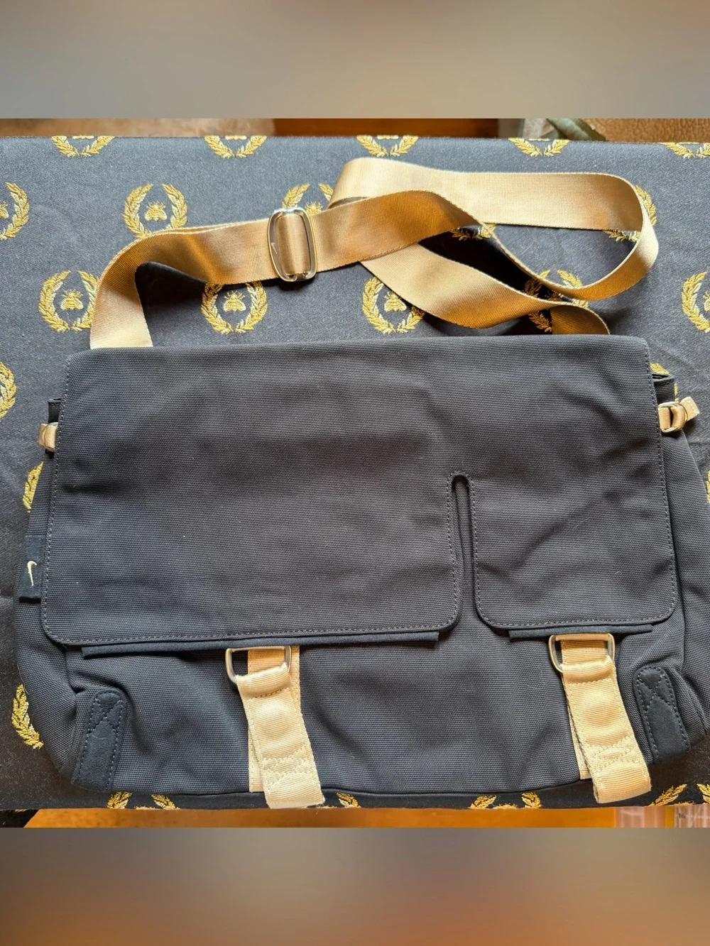 Nike Black Canvas Messenger Bag with Tan Straps